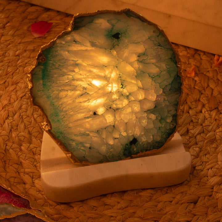 Handmade Decorative Green Agate Stone Tea Light Holder With Marble Base