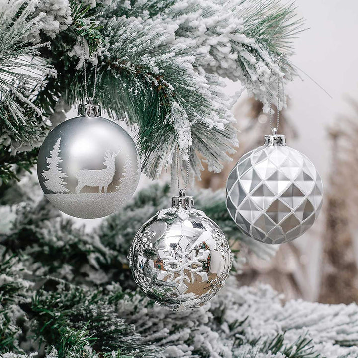 Silver & White Disco Shimmer theme Christmas Ball Ornaments For Decoration | Set of 16