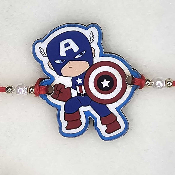 Handmade Avengers - Captian America MDF Wood Kids Rakhi With Roli Chawal