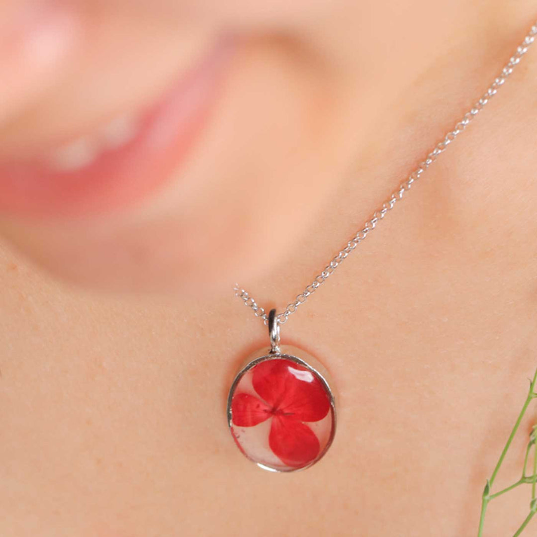 Handmade Preserved Flower Red Beating Heart Brass Necklace