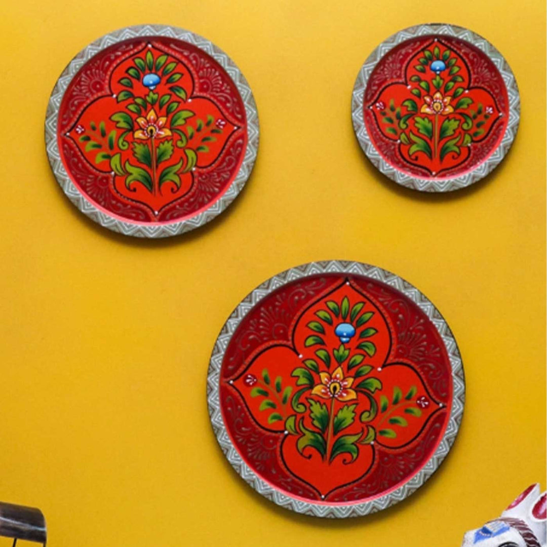 Hand-Painted Red Ornate Wooden Wall Plate | Set Of 3