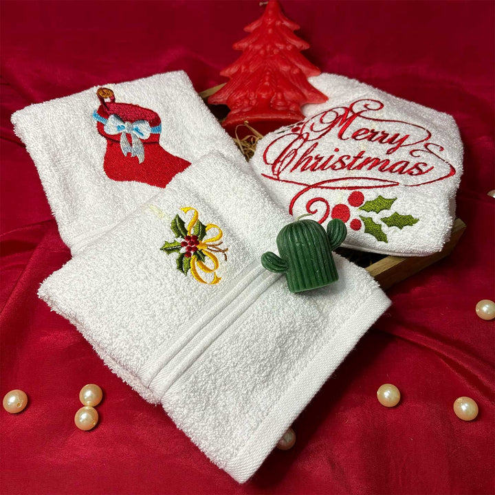 Personalized Stocking, Merry Christmas & Holly Leaves Embroidered Towel & Candle Hamper | Xmas Gifting Ideas | Set Of 6