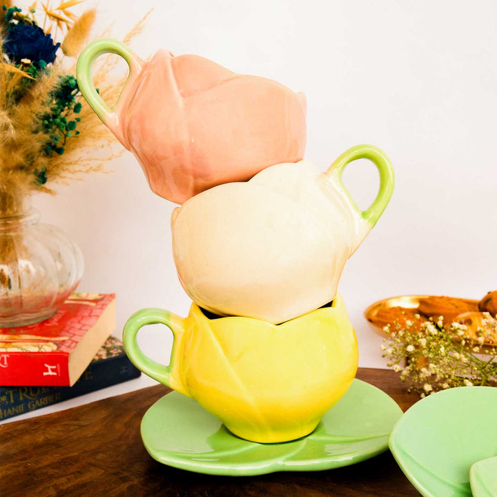 Tulip Shaped Ceramic Cup & Saucer | Set Of 3, 6 Pcs