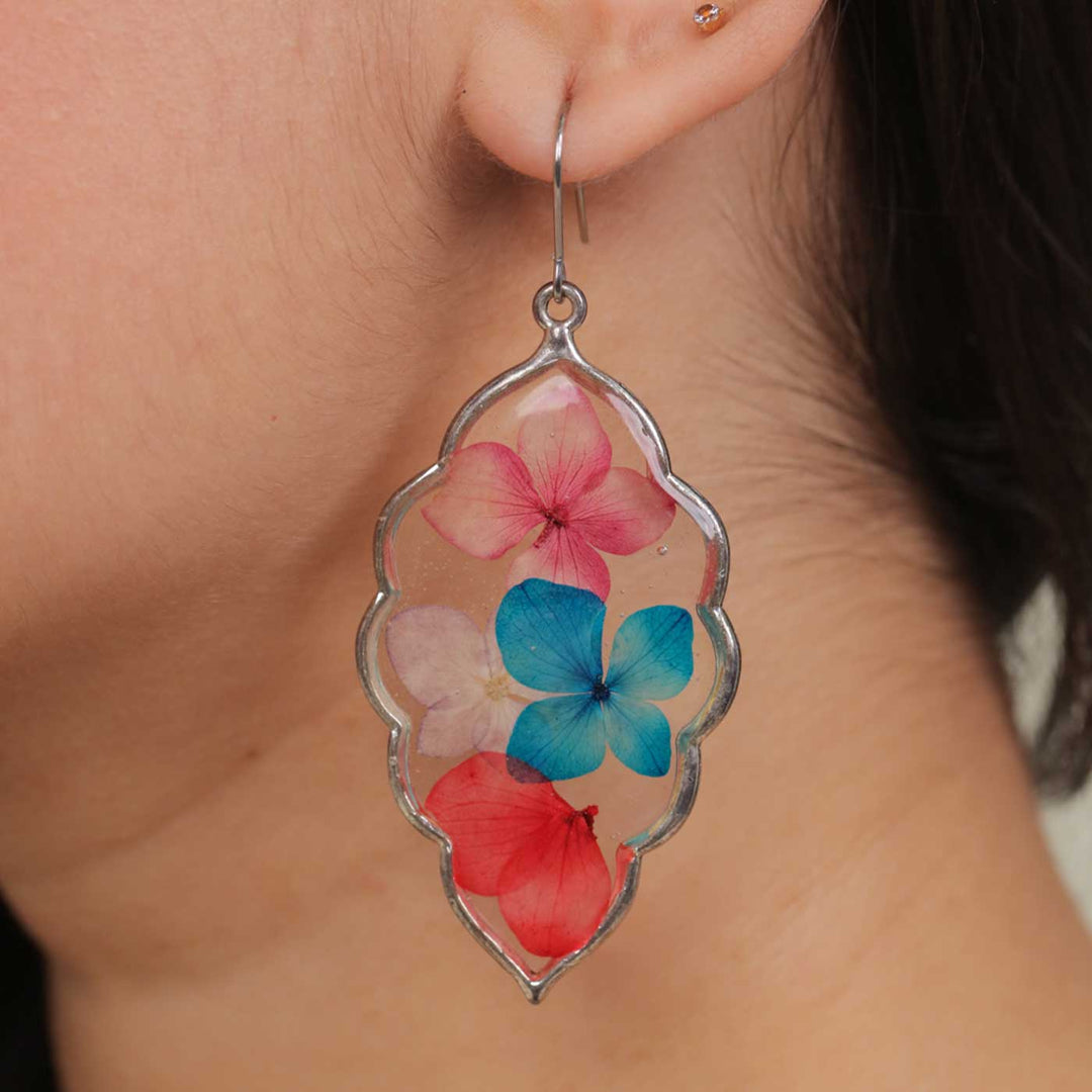 Handmade Preserved Flower Multicolour Hydrangea Moroccan Brass Earrings