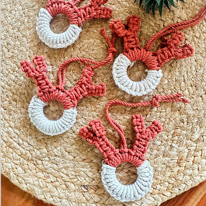 Handmade Macrame White & Peach Reindeer Christmas Ornament | Set Of 4