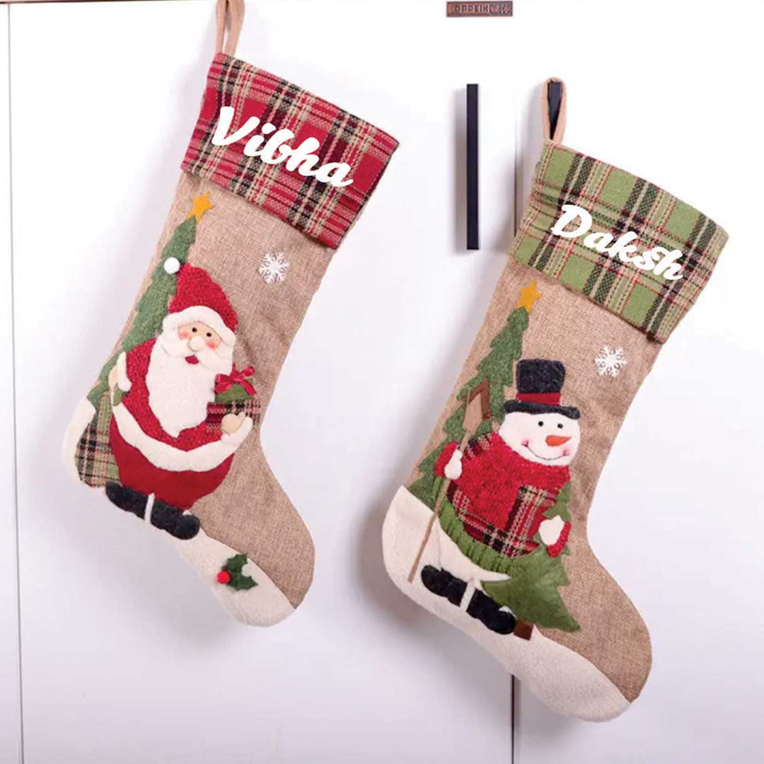 Personalized Checkered Cheer Linen & Cotton Stockings For Christmas Decoration