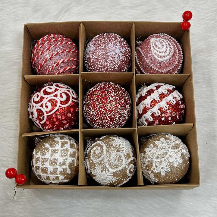 Handmade Gold Red & Pink Shimmer Embellished Chirstmas Ball Ornaments For Decoration | Set Of 9