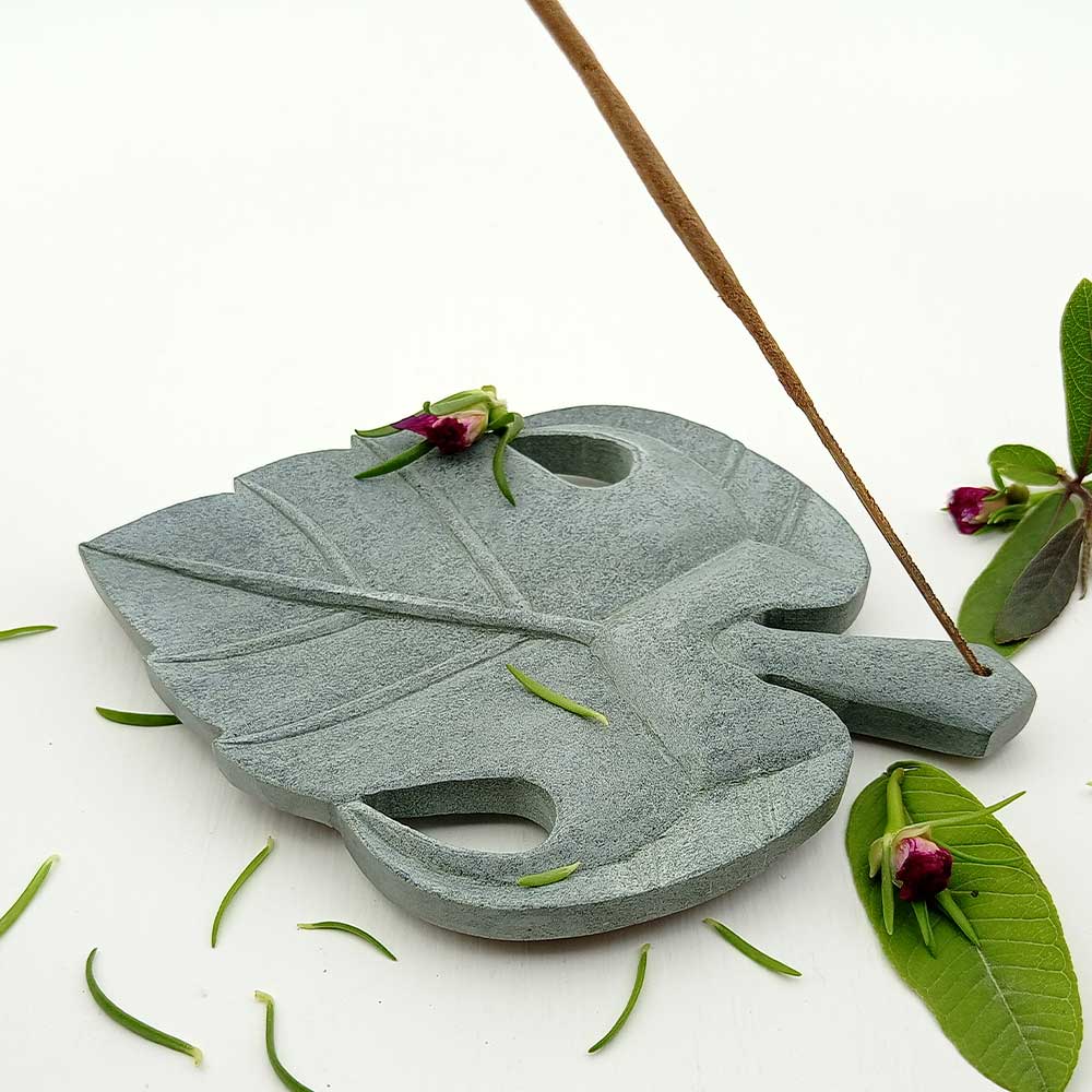 Handmade Handmade Grey Latavia Leaf-Shaped Soapstone Incense Stick Holder