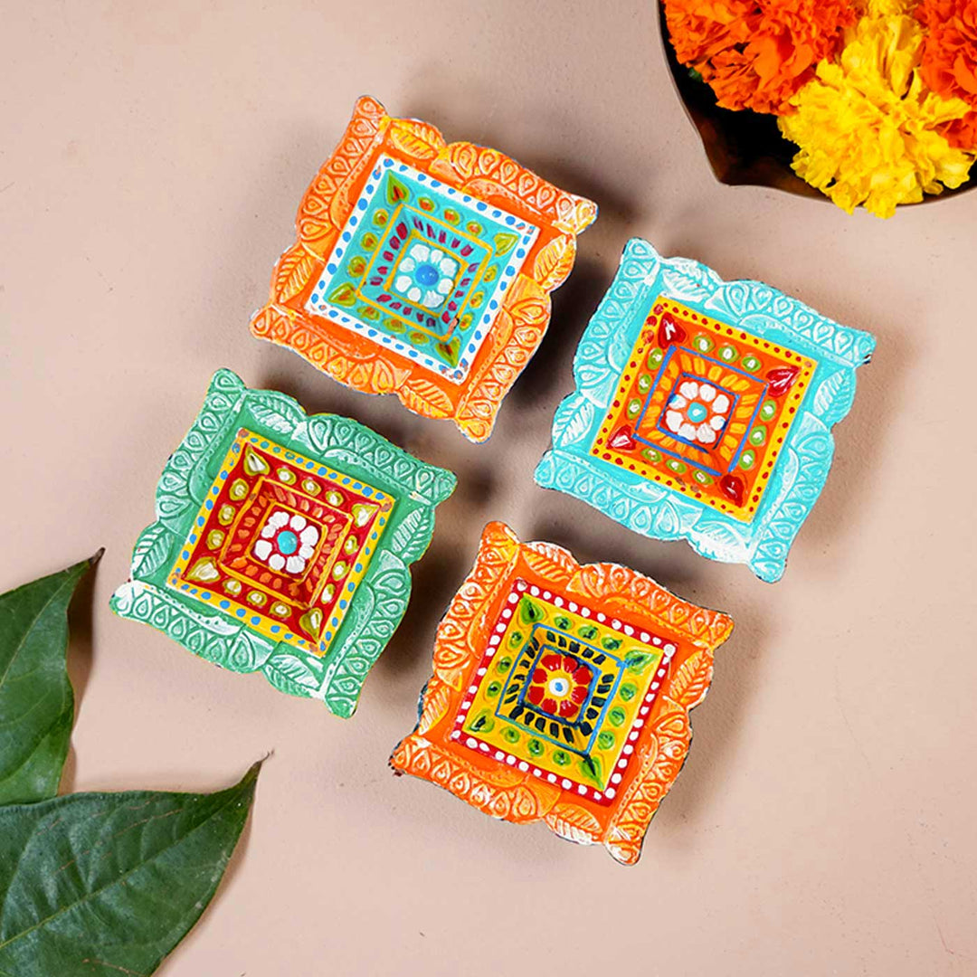 Handmade Square Clay Oil Lamp / Diya | Set of 4