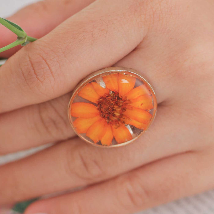 Handmade Preserved Flower Zinnia Brass Ring