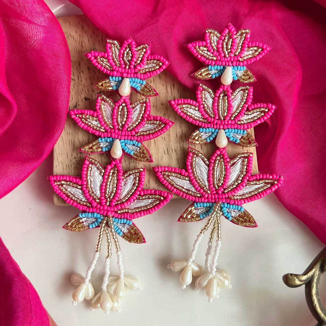 Handmade Laxmi Lotus Shape Beaded Earrings