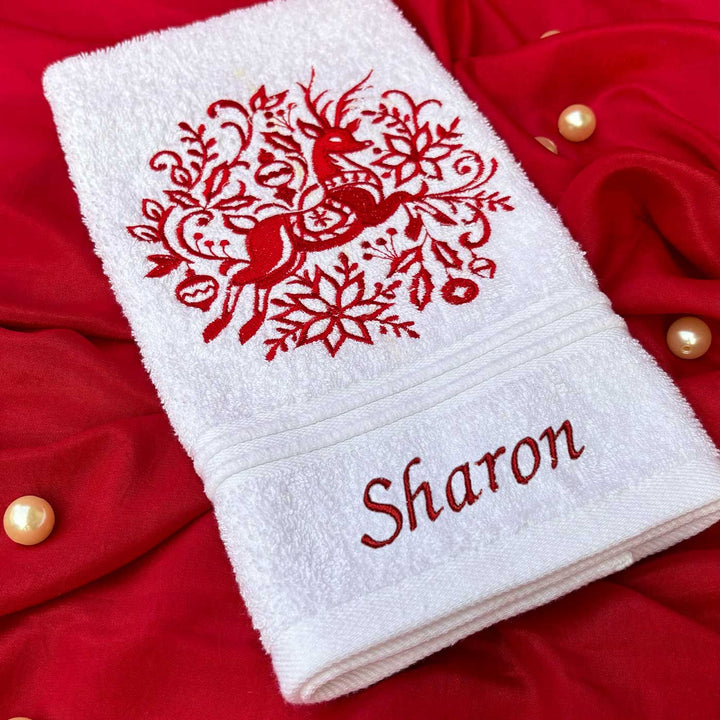 Personalized Decorative Reindeer Embroidered Cotton Hand Towel | Secret Santa Gift Ideas