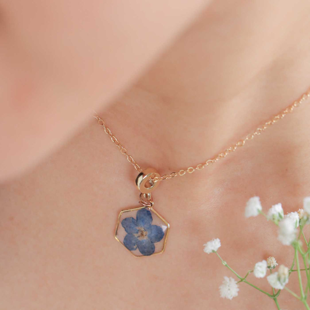 Handmade Preserved Flower Forget Me Not Hexagon Brass Necklace