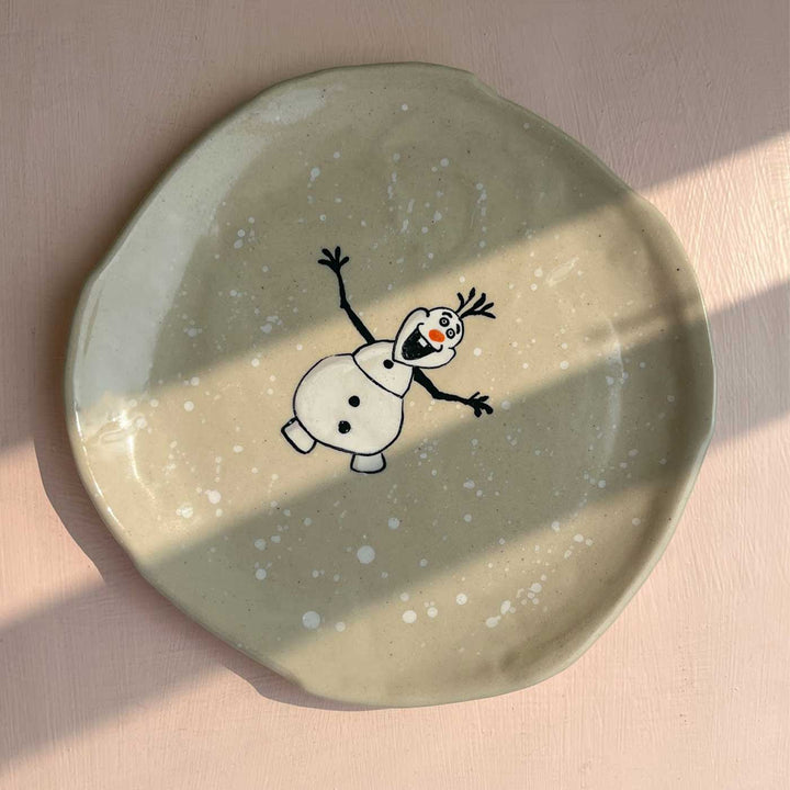 Handmade Snowman Illustration Ceramic Plate For Christmas Table Decoration | Set Of 2