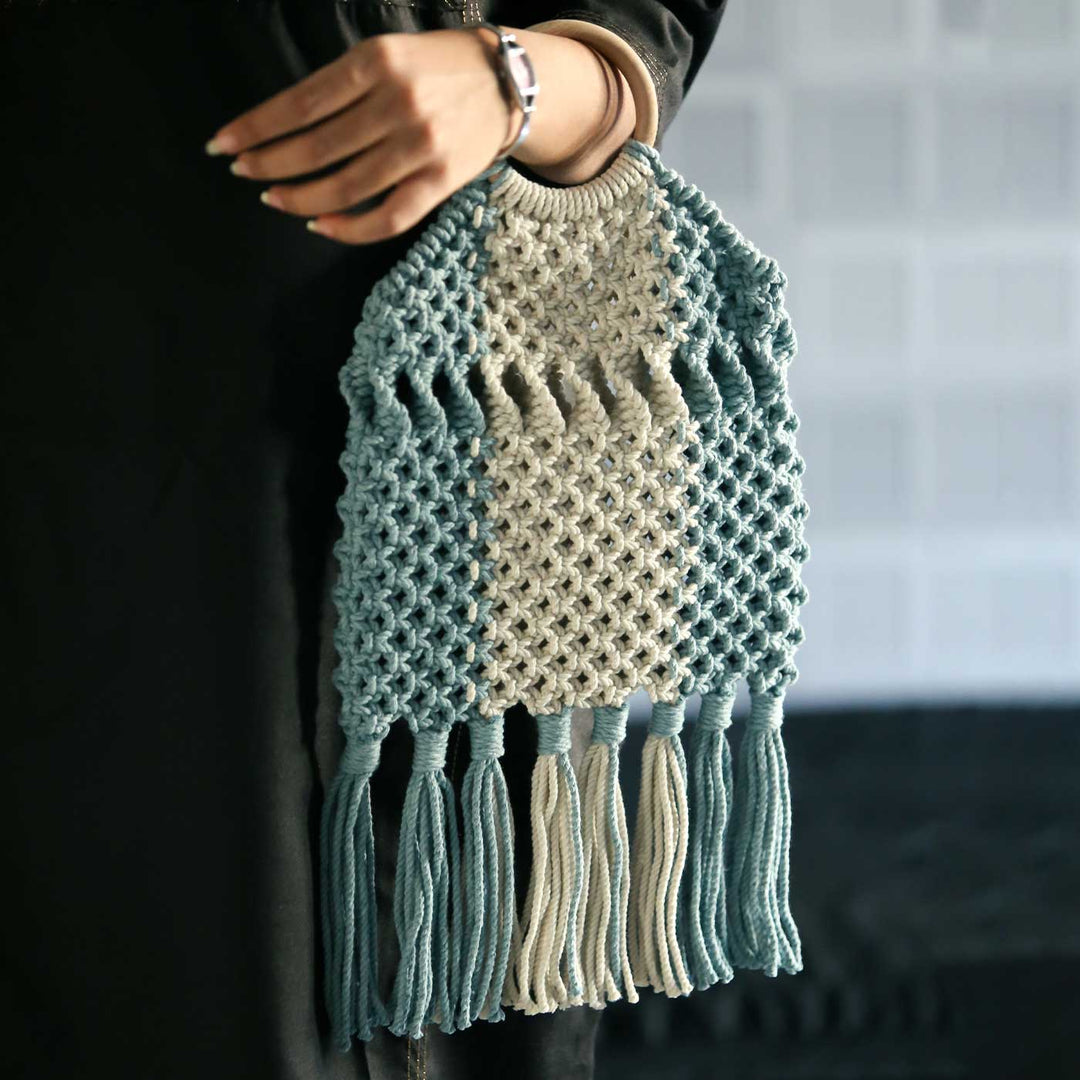 Handmade Macrame Beach Bag With Wooden Handle