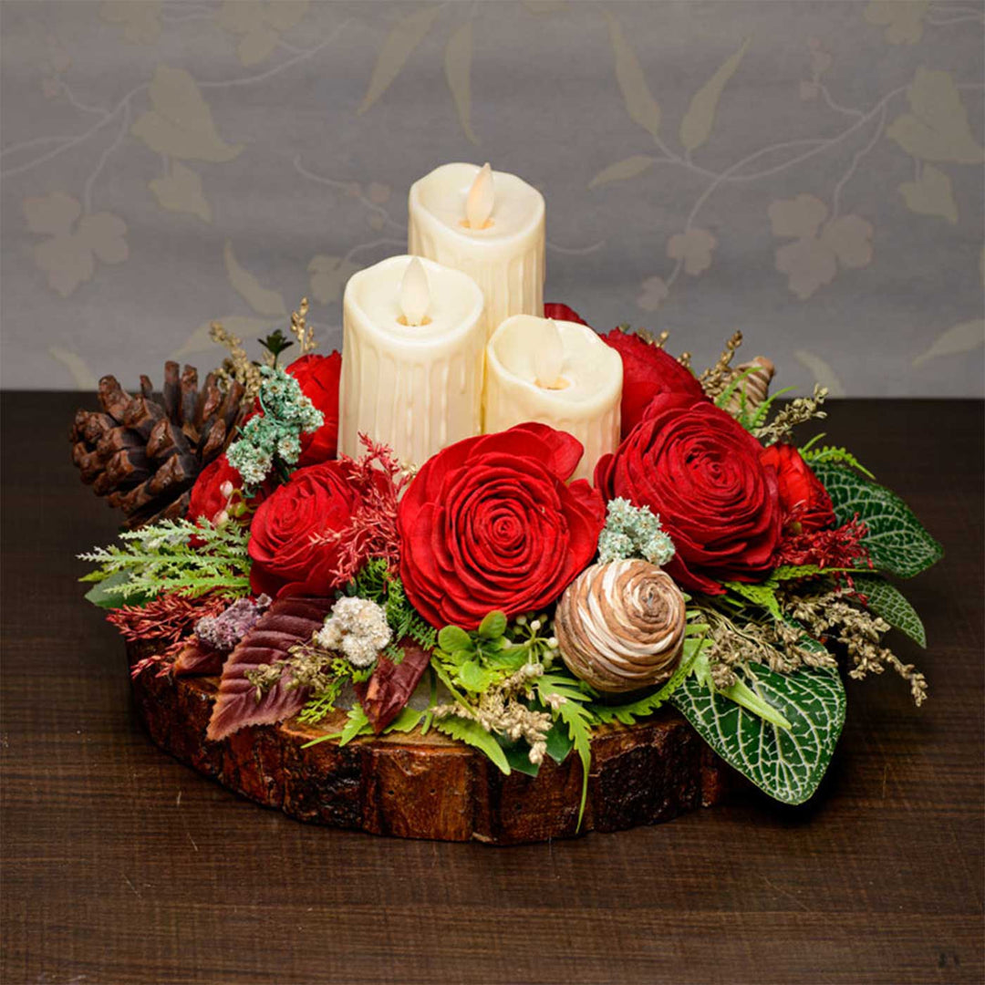 Handmade Rosewood Romance Shola Flower Centerpiece With Candle Holder