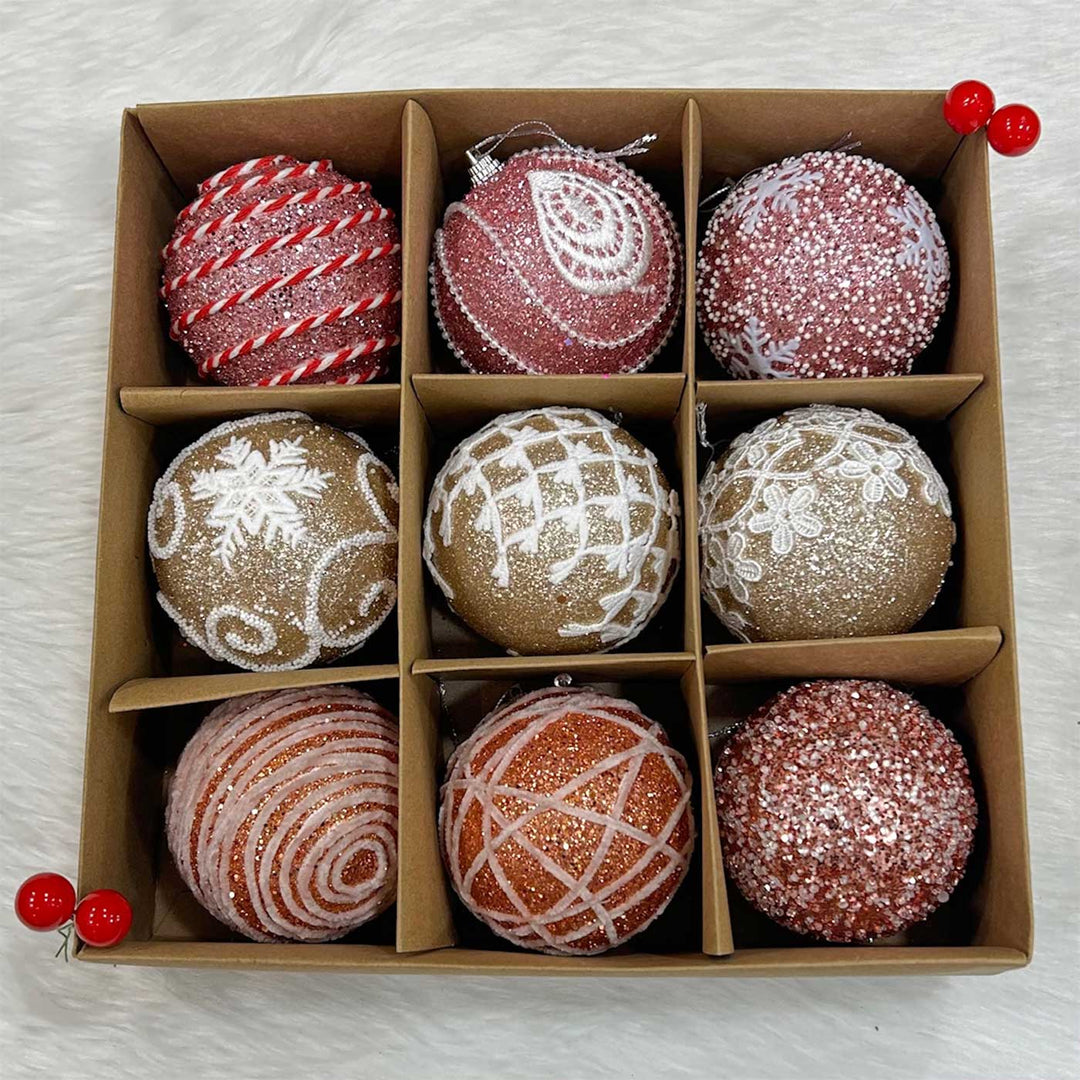 Handmade Pink Gold & Rose Gold Shimmer Embellished Chirstmas Ball Ornaments For Decoration | Set Of 9