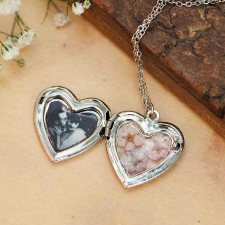 Photo Personalized Heart Shaped Pink Preserved Flower Brass Necklace With Locket