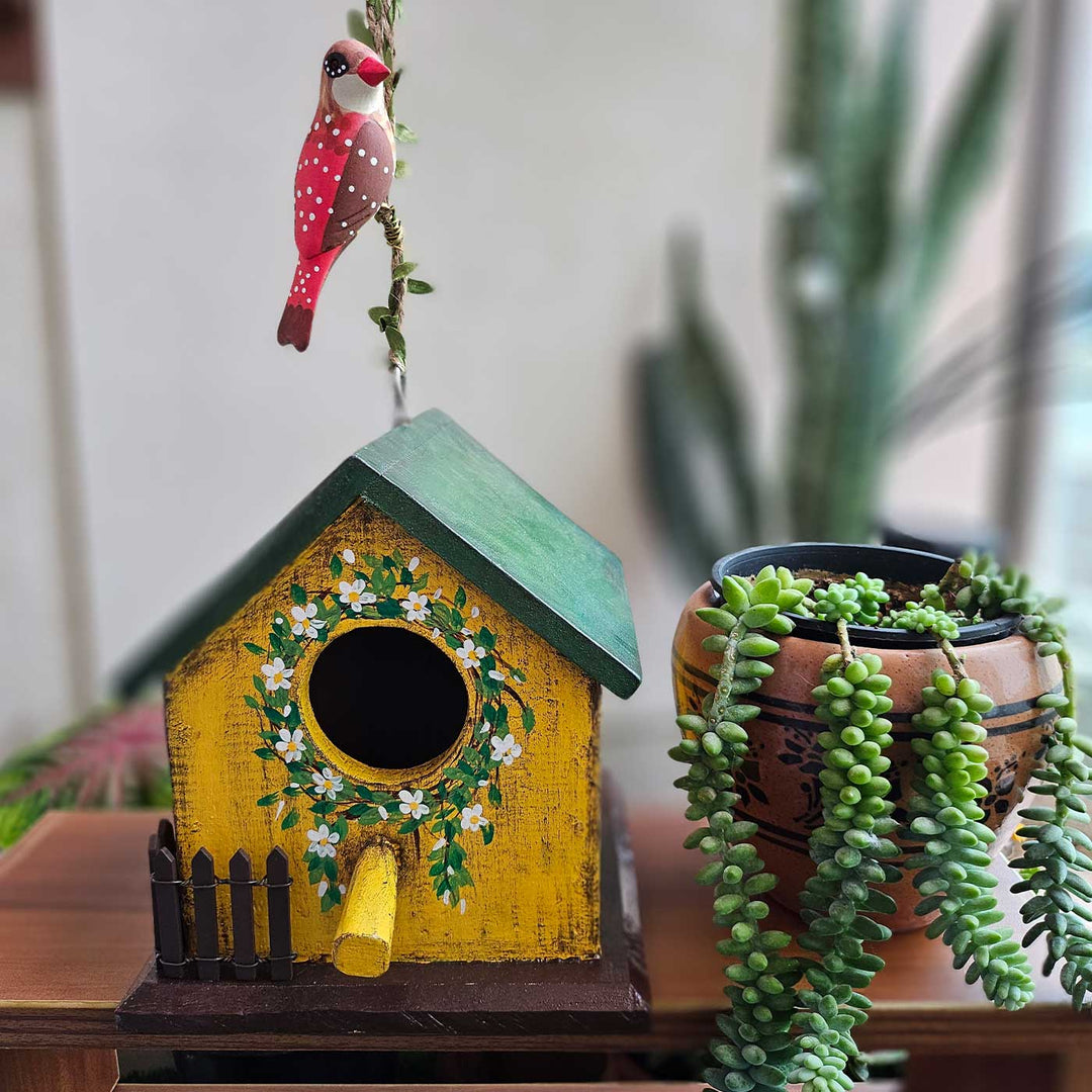 Hand-Painted Green & Yellow Bird House