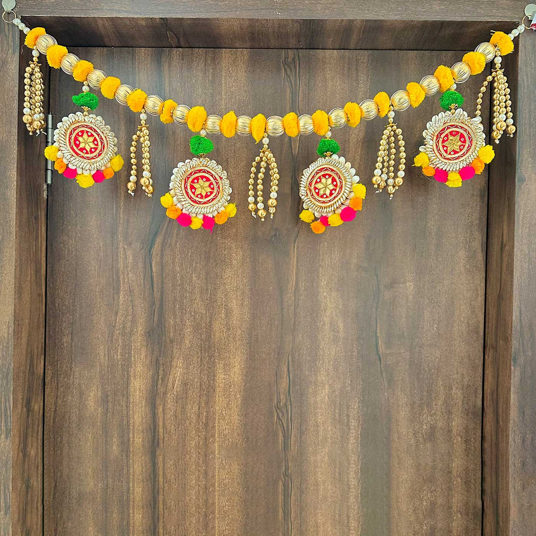 Handmade Yellow Pom Pom Toran With Decorative Shell Bangles