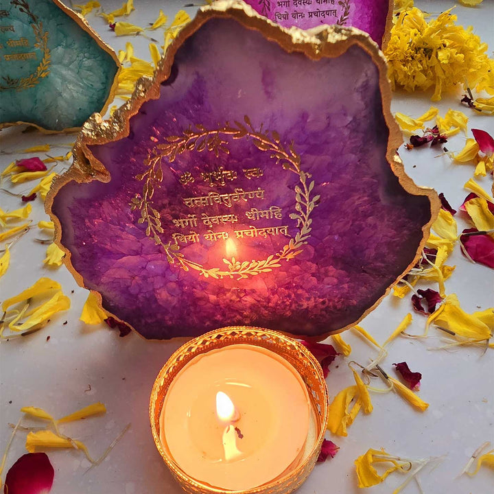 Handmade Purple Gayatri Mantra Agate Stone Tea Light Holder