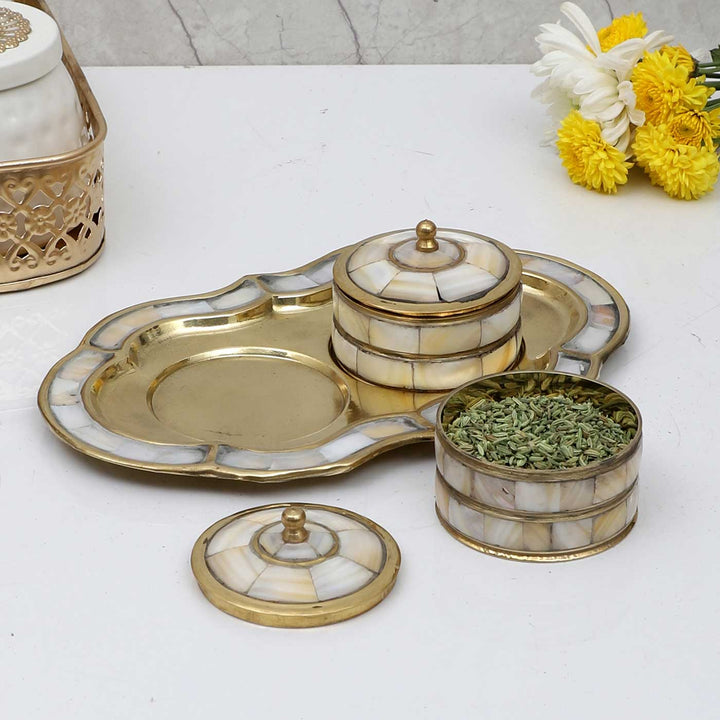 Handmade Brass & Mop Platter With  Supari Boxes | Set Of 3