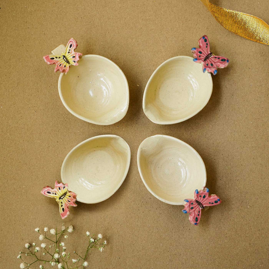 Handmade White with Pink Butterfly Ceramic Oil Lamp / Diya | Set of 4