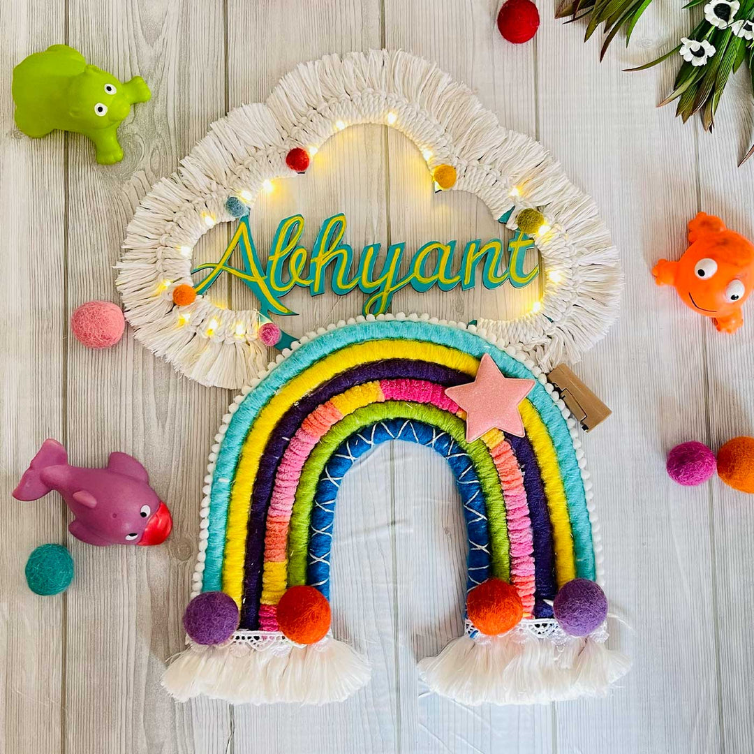 Personalized Handmade Rainbow Themed Woolen Kids LED Name Plate