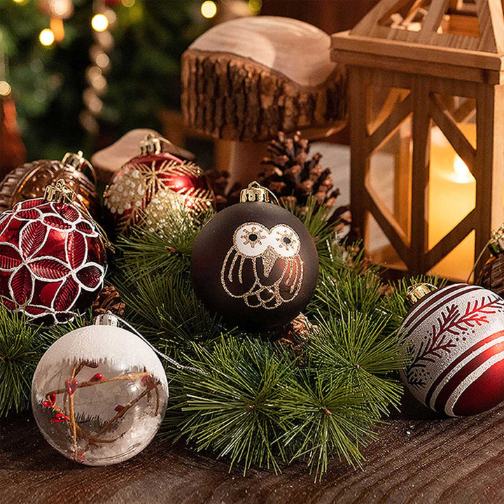 Maroon & Brown Owl themed Christmas Ball Ornaments For Decoration | Set of 16