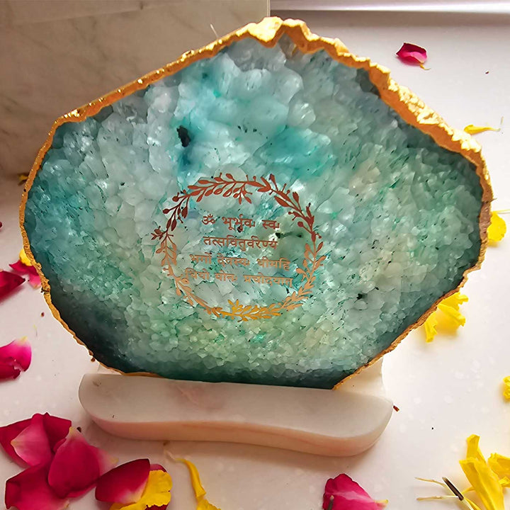 Handmade Green Gayatri Mantra Agate Decor With Marble Tea Light Holder