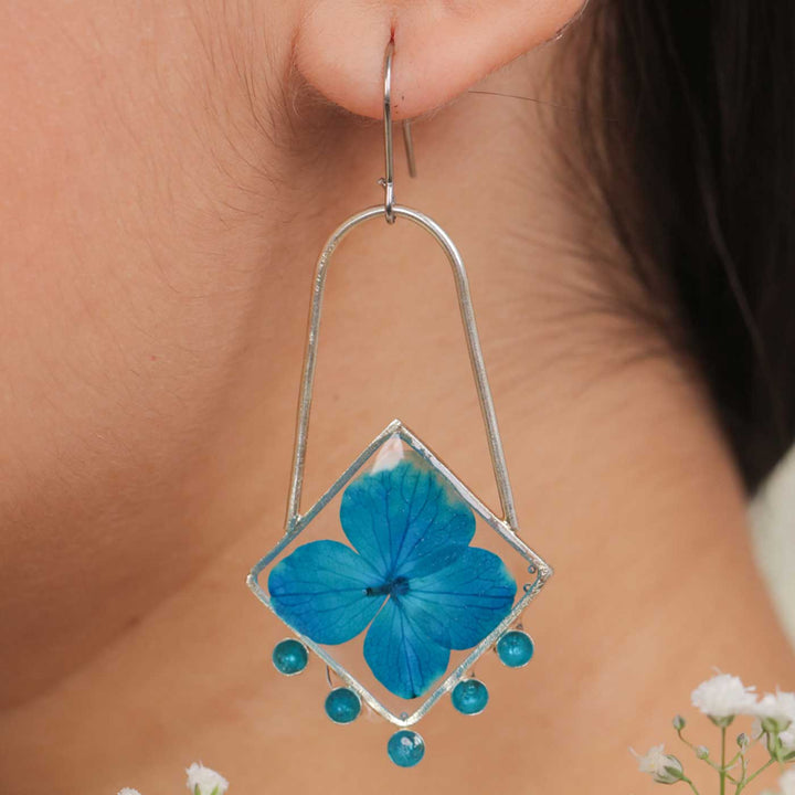 Handmade Preserved Flower Blue Serenity Art Deco Brass Earrings