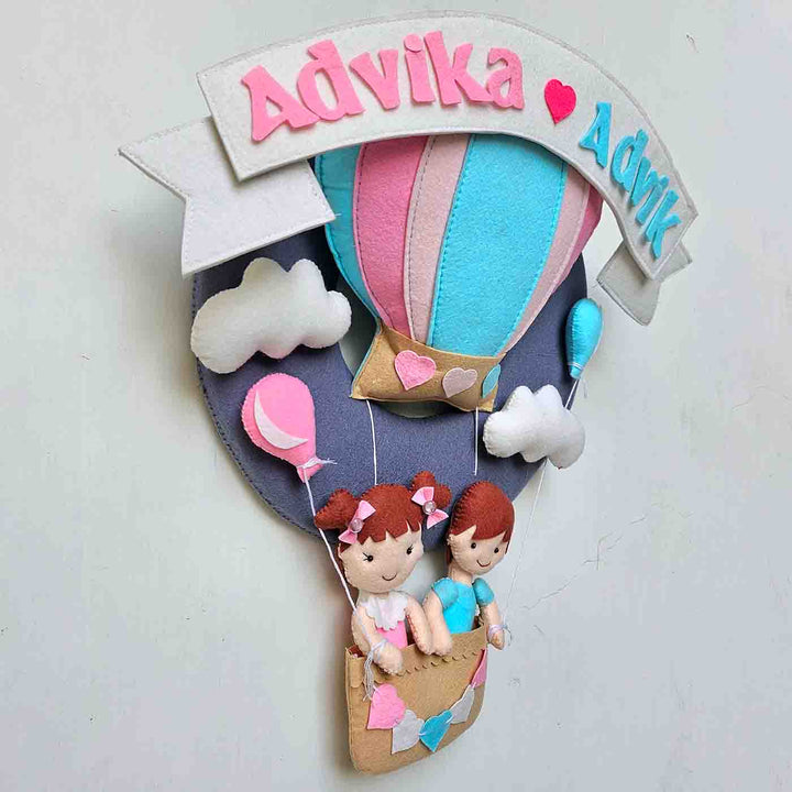 Handcrafted Personalized Hot Air Balloon Felt Nameplate For Siblings