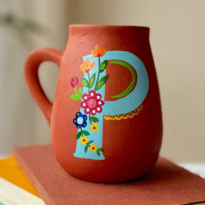 Personalized Hand-painted Floral Theme Monogram Terracotta Mug - P