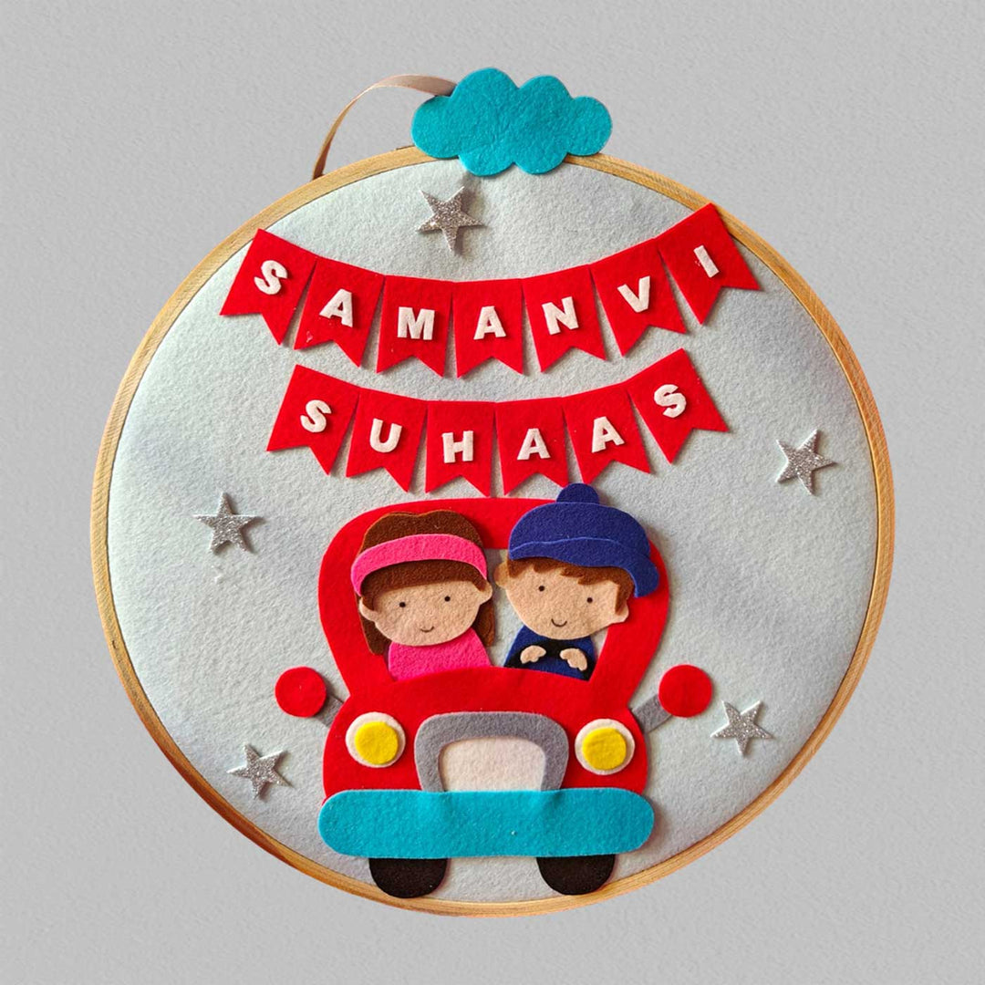 Personalized Handmade Brother And Sister In Car Felt Hoop Name Plate For Siblings