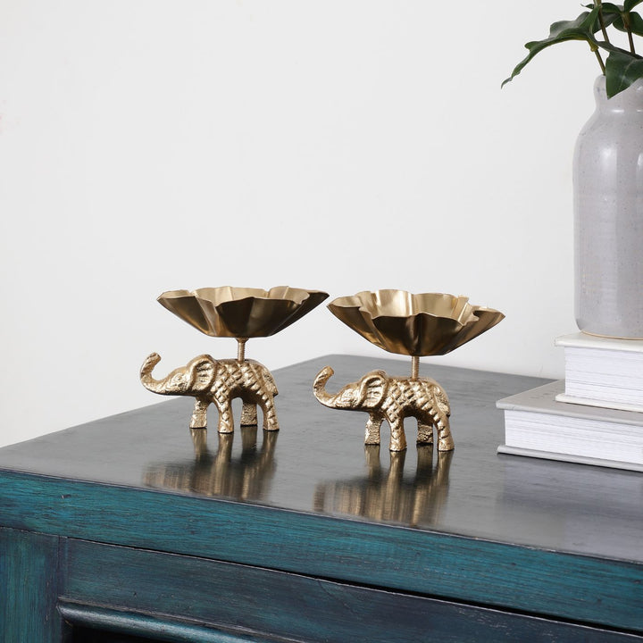 Handmade Golden Elephant Aluminium Tealight Holder | Set Of 2