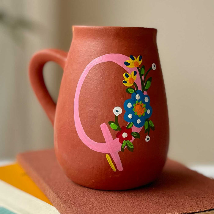 Personalized Hand-painted Floral Theme Monogram Terracotta Mug - Q