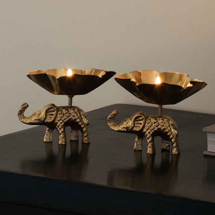 Handmade Golden Elephant Aluminium Tealight Holder | Set Of 2