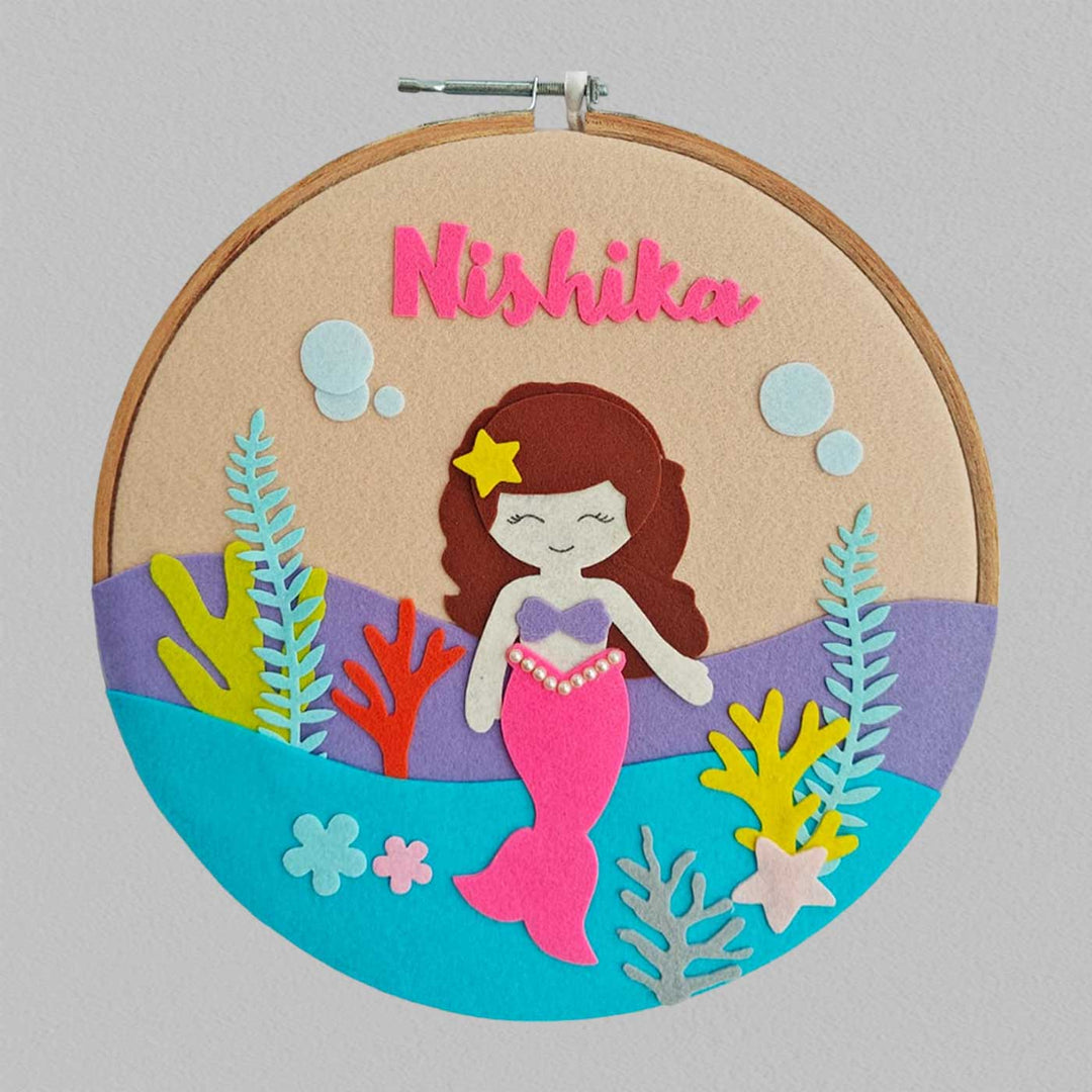 Personalized Handmade Pink Mermaid Theme Felt Hoop Name Plate