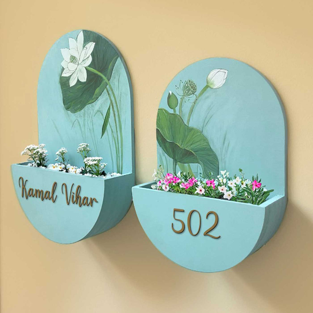 Personalized Handmade Shy Teal Floral MDF Wood Planter Name Plate