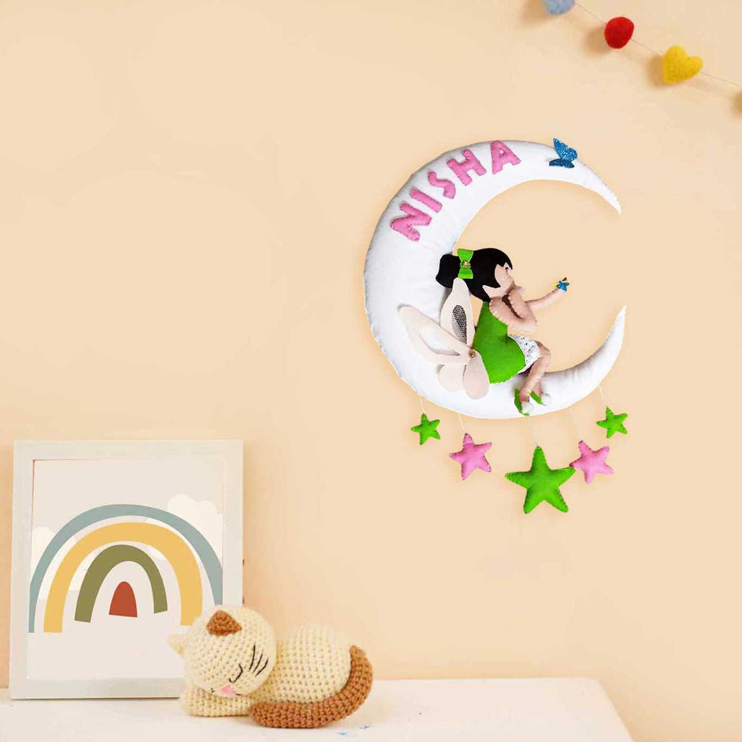 Personalized Fairy On Moon Felt Kids Name Plate