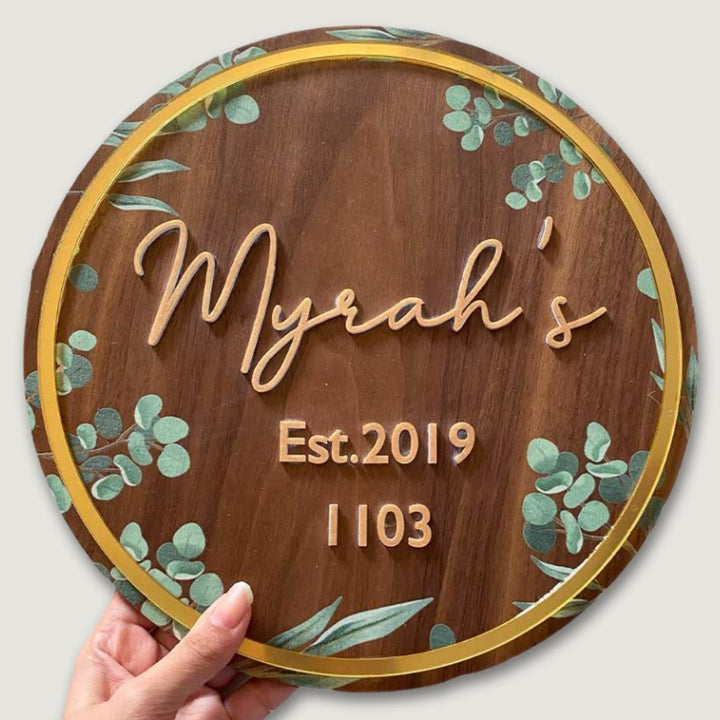 Personalised Wooden Floral Round Nameplate