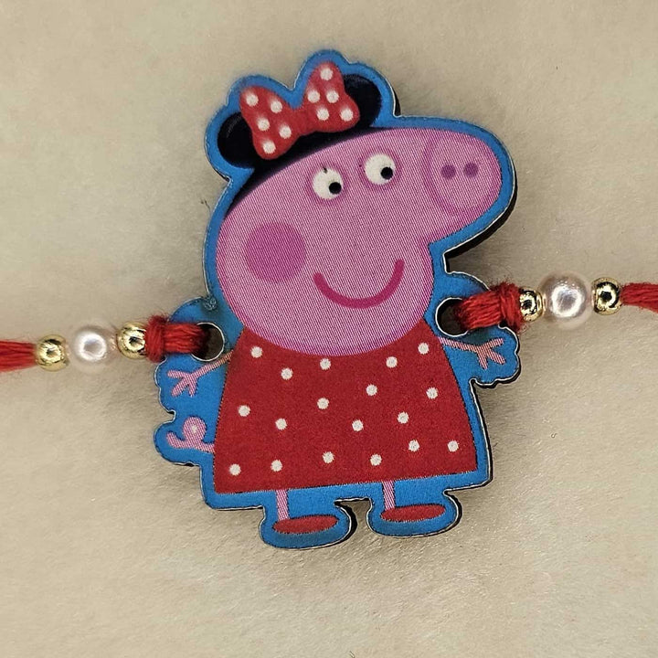 Handmade Peppa Pig MDF Wood Kids Rakhi With Roli Chawal