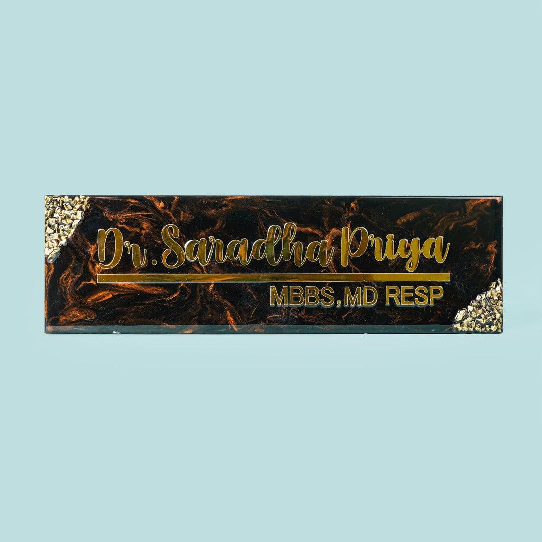 Handmade Resin Black & Gold Rectangle Marbled Name Plate for Doctors