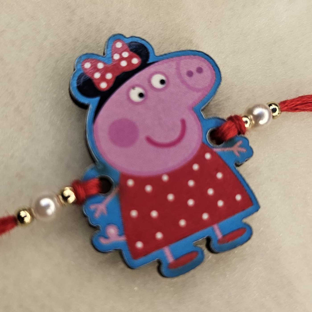 Handmade Peppa Pig MDF Wood Kids Rakhi With Roli Chawal