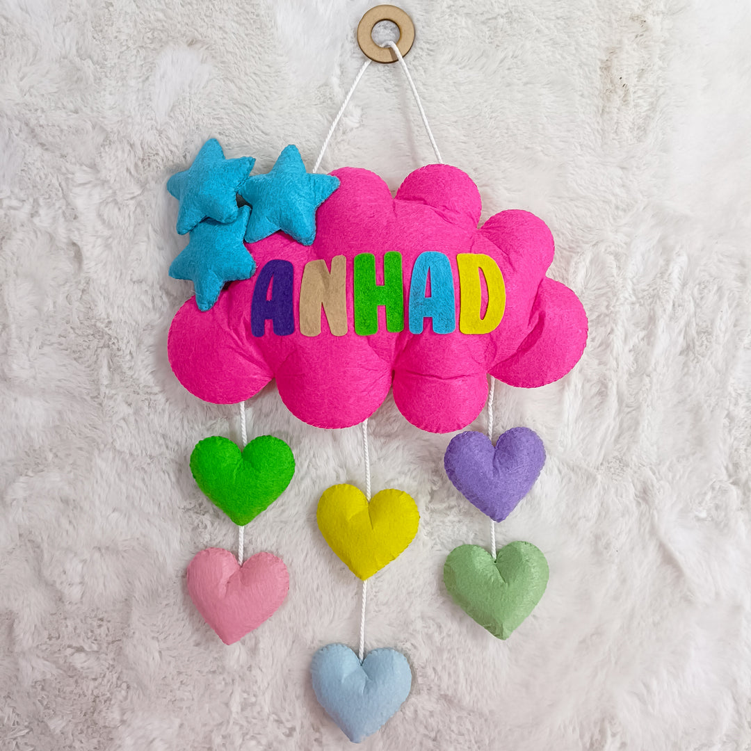 Handcrafted Personalized Cloud with Hearts Felt Name Plate for Kids