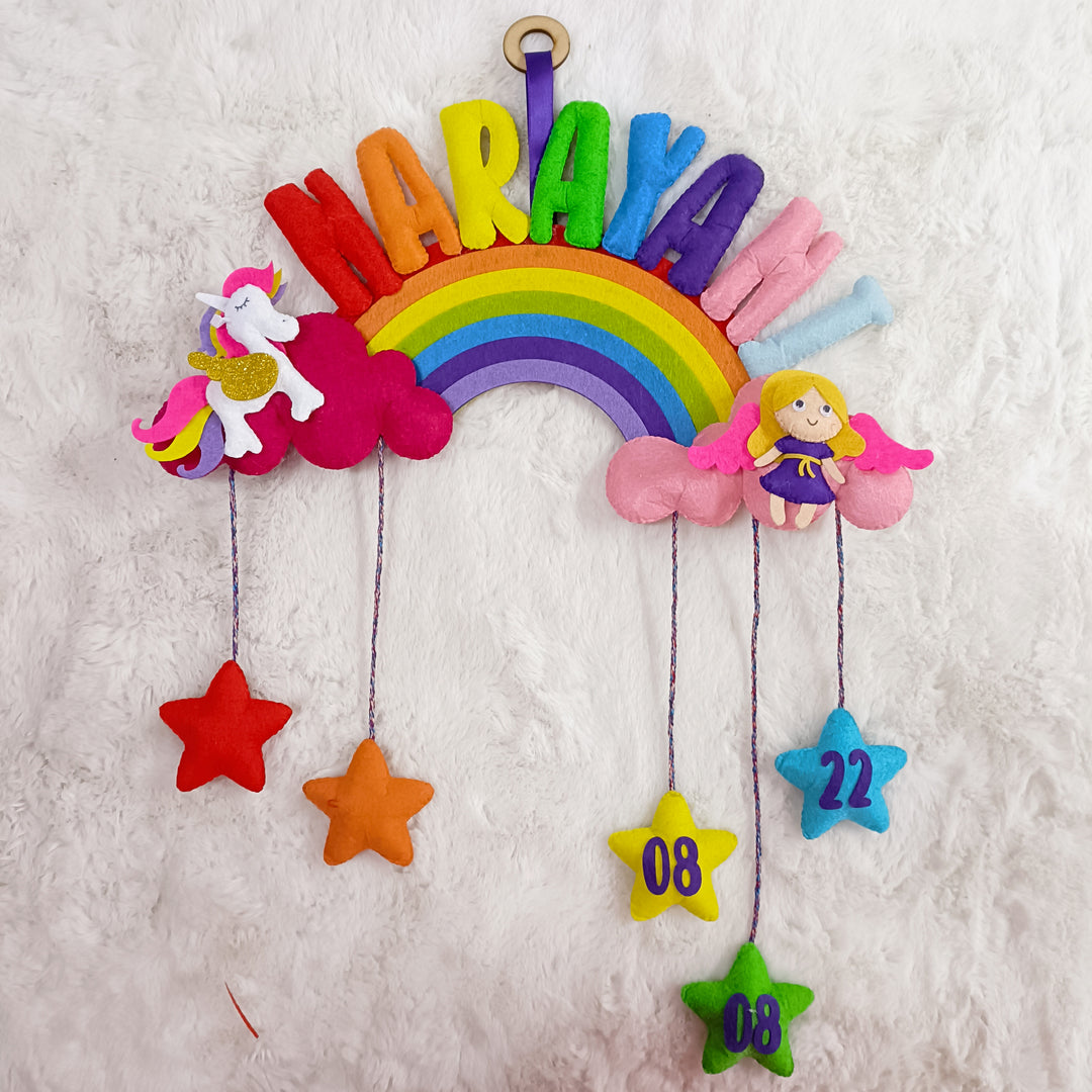 Handcrafted Personalized Rainbow Felt Name Plate for Kids with Date of Birth