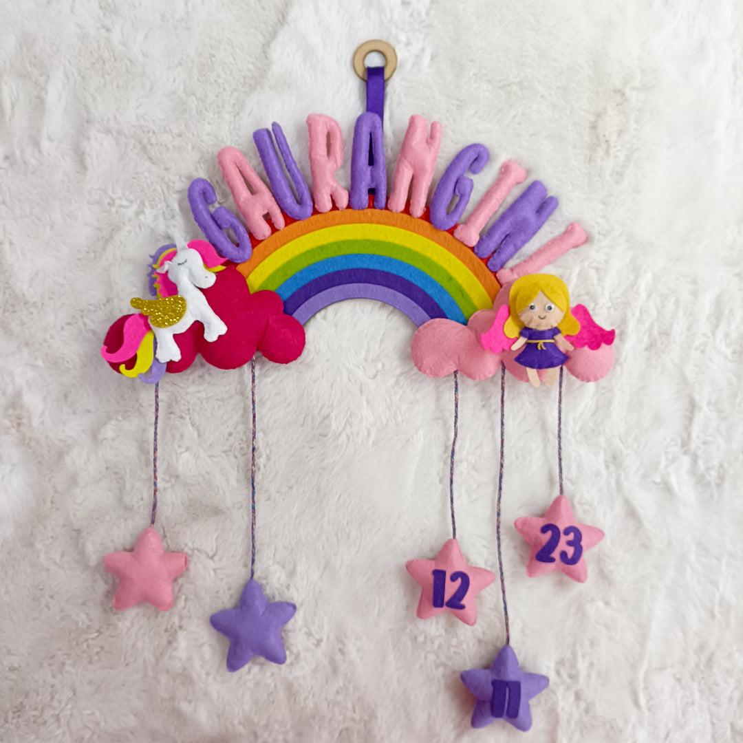 Handcrafted Personalized Rainbow Felt Name Plate with Date of Birth