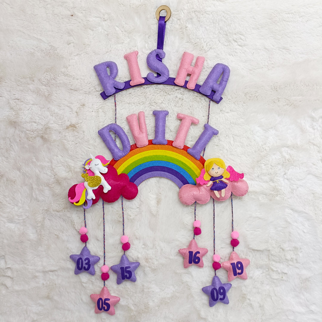 Handcrafted Personalized Rainbow Felt Name Plate with Date of Birth