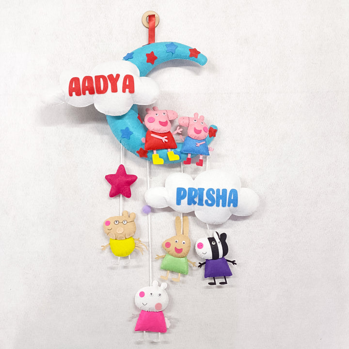 Handcrafted Personalized Peppa Themed Moon Felt Name Plate for Siblings