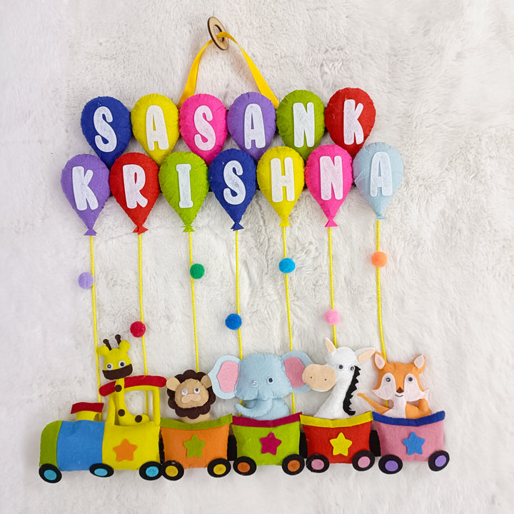 Handcrafted Personalized Felt Name Plate for Siblings | Animal Train with Balloons